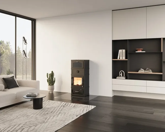 Kaminofen Lotus 2080 Grundmodell mit Specksteinseiten inklusive Warmhaltefach 2280 Farbe grau