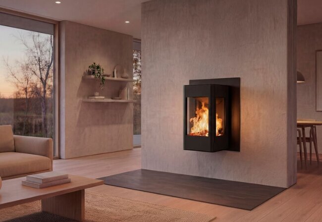 Nordpeis Kaminofen YoU Wall mit Hitzeschutz dunkel Thermotte
