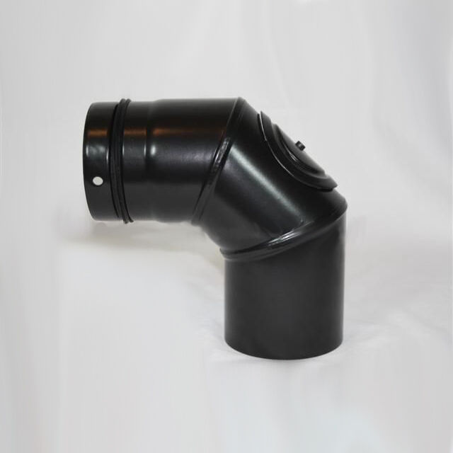 3-teiliger Pellet-Bogen geschweißt 90° DN 80 mm, matt schwarz emailliert mit Reinigungsöffnung