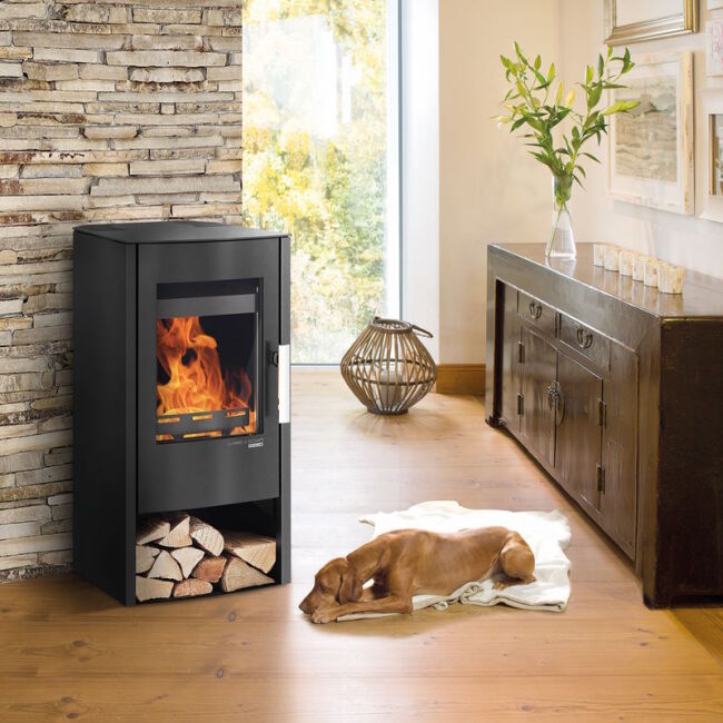 Haas+Sohn Kaminofen Premium ROSENHEIM easy perl-schwarz mit Holzfach Stahl
