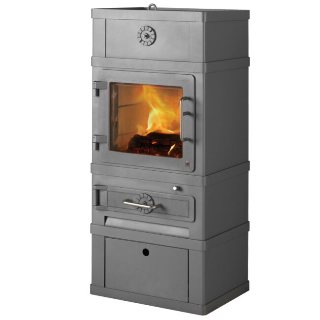 Kaminofen Lotus 2060 Grundmodell grau inkl. Warmhaltefach + Tür inkl. Brennholzsockel