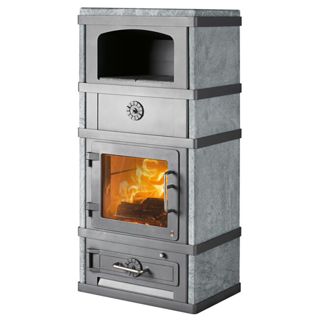 Kaminofen Lotus 2080 Grundmodell mit Specksteinseiten inklusive Warmhaltefach 2280 Farbe grau