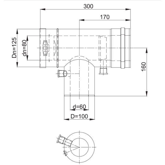 Luft Abgas System konzentrisch T-Stück 90° mit Revisionsöffnung, Kondensatableiter und Messstutzen DN 80/125 Reduzierter Abzweig DN 60/100