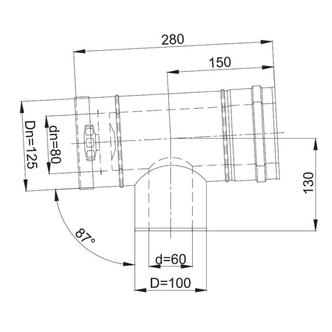 Luft Abgas System konzentrisch T-Stück 87° mit Revisionsöffnung DN 80/125 Reduzierter Abzweig DN 60/100