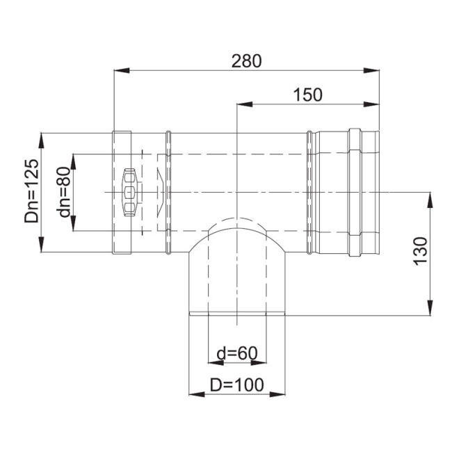 Luft Abgas System konzentrisch T-Stück 90° mit Revisionsöffnung DN 80/125 Reduzierter Abzweig DN 60/100 lackiert