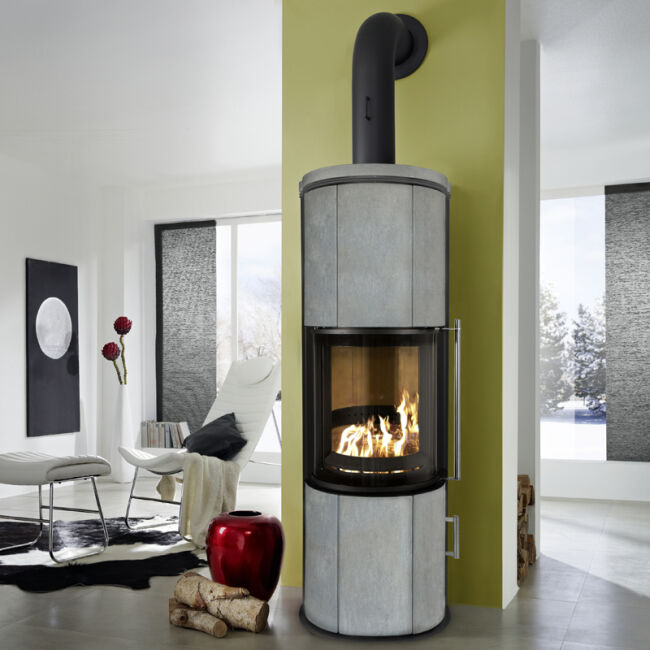 Kaminofen Koppe Nexus Aqua, wasserführend Korpus schwarz, Kachel weiß-glänzend 8,0 kW