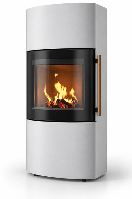 Drooff Kaminofen Catania 6 kw StilBeton cream mit Metall-Griff mit Birkenrinde & fire+ Abbrandsteuerung