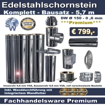 Edelstahlschornstein Bausatz 5,7 m - &Oslash; 150 - 0,6 mm | Premium Fachhandelsware