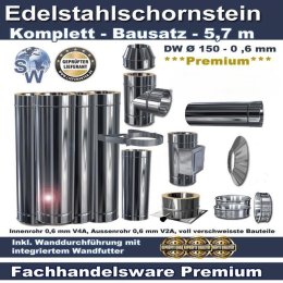 Edelstahlschornstein Bausatz 5,7 m - Ø 150 - 0,6...
